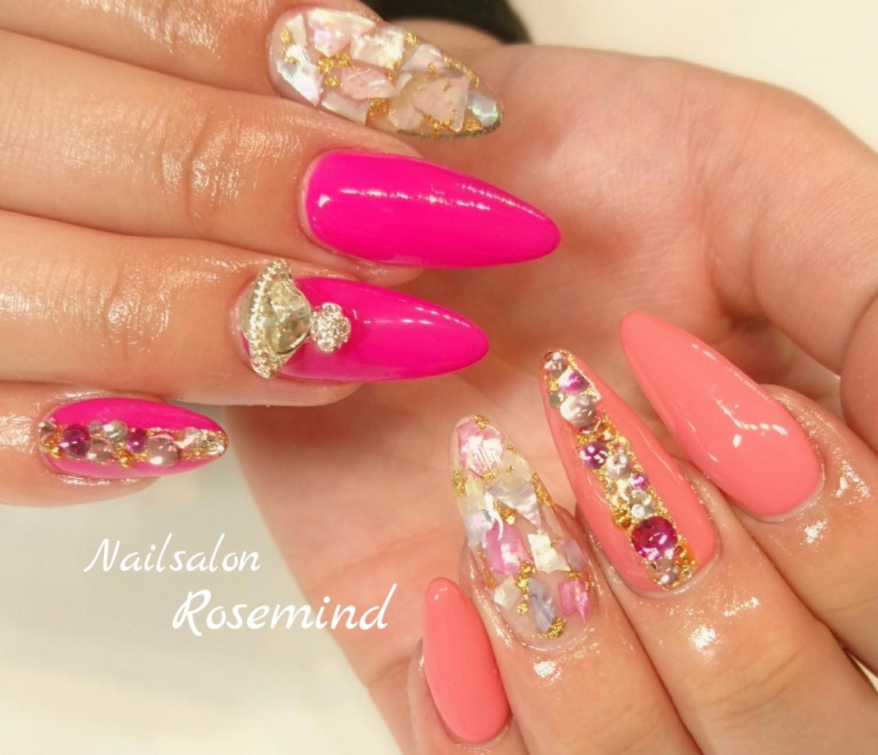 スカルプ 春 ロングネイル ピンク シェル キラキラ 阿南市 ネイル Nail Salon Rosemind