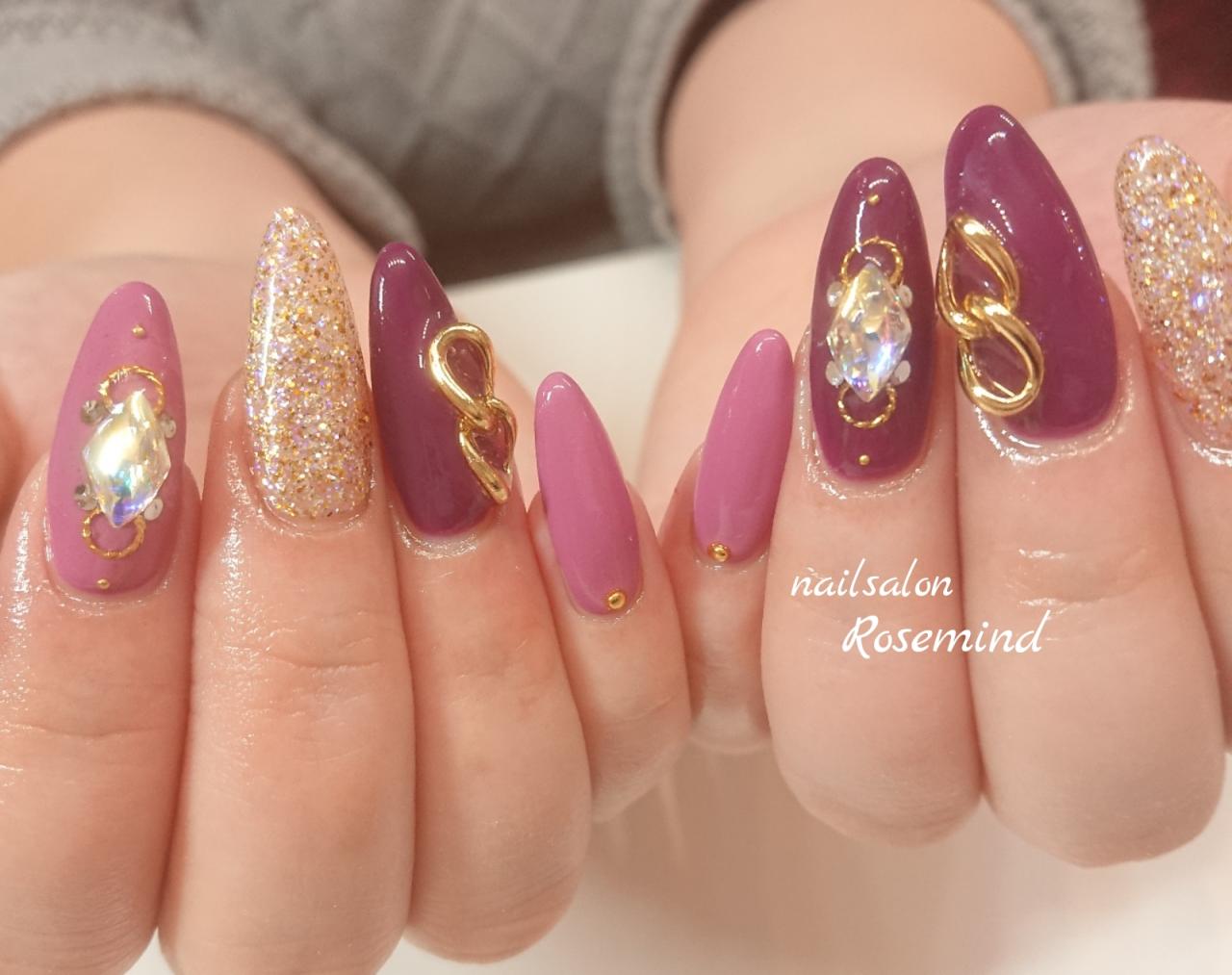 ロングネイル チェーン 派手ネイル ピンク ジェル ネイル 冬ネイル ラメ 阿南市 ネイルサロン Nail Salon Rosemind